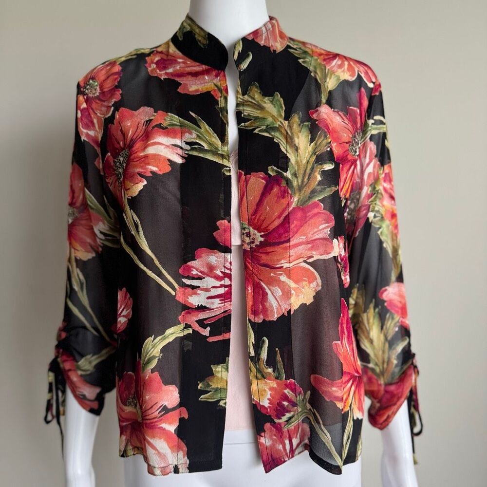 VTG Chico’s 100% Silk Sheer Floral Print Open Front Top Romantic Coquette Artsy